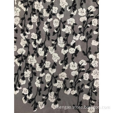 White Flowers And Black Branches Mesh Embroider Fabric